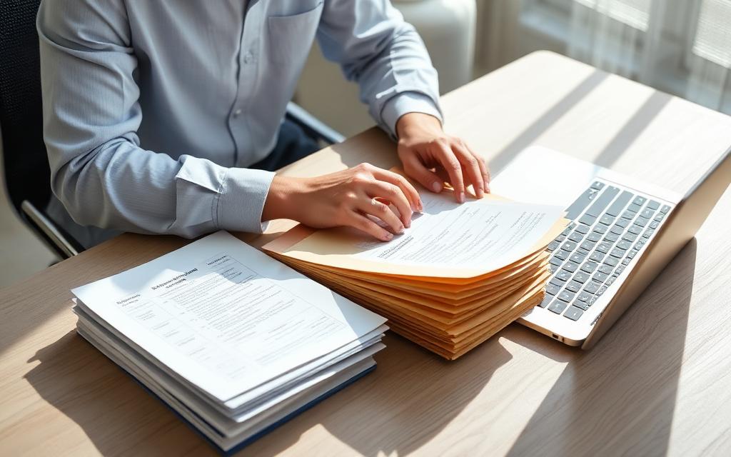 Person organizing financial paperwork beside a laptop at a bright desk