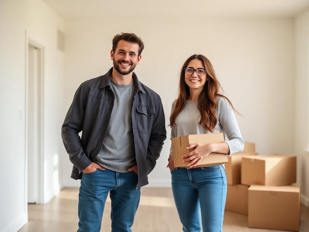 Couple standing in a bright apartment with moving boxes