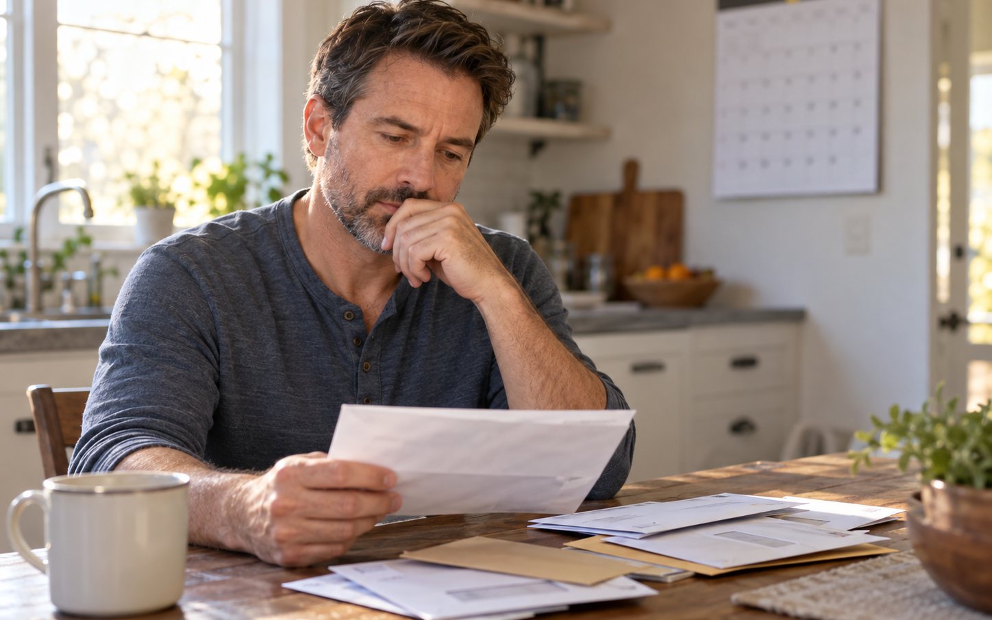 Un hombre en la mesa de su cocina revisando cartas viejas, con un calendario de pared detrás de él