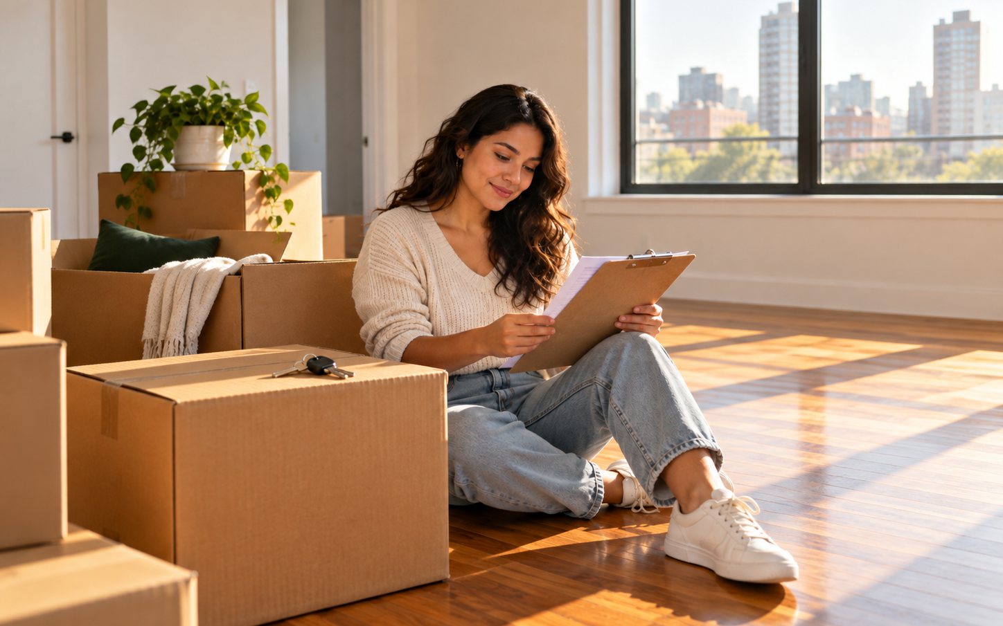 Una mujer joven sentada en el piso de un apartamento vacío entre cajas de mudanza, leyendo una solicitud de alquiler en una tablilla, con unas llaves sobre una caja