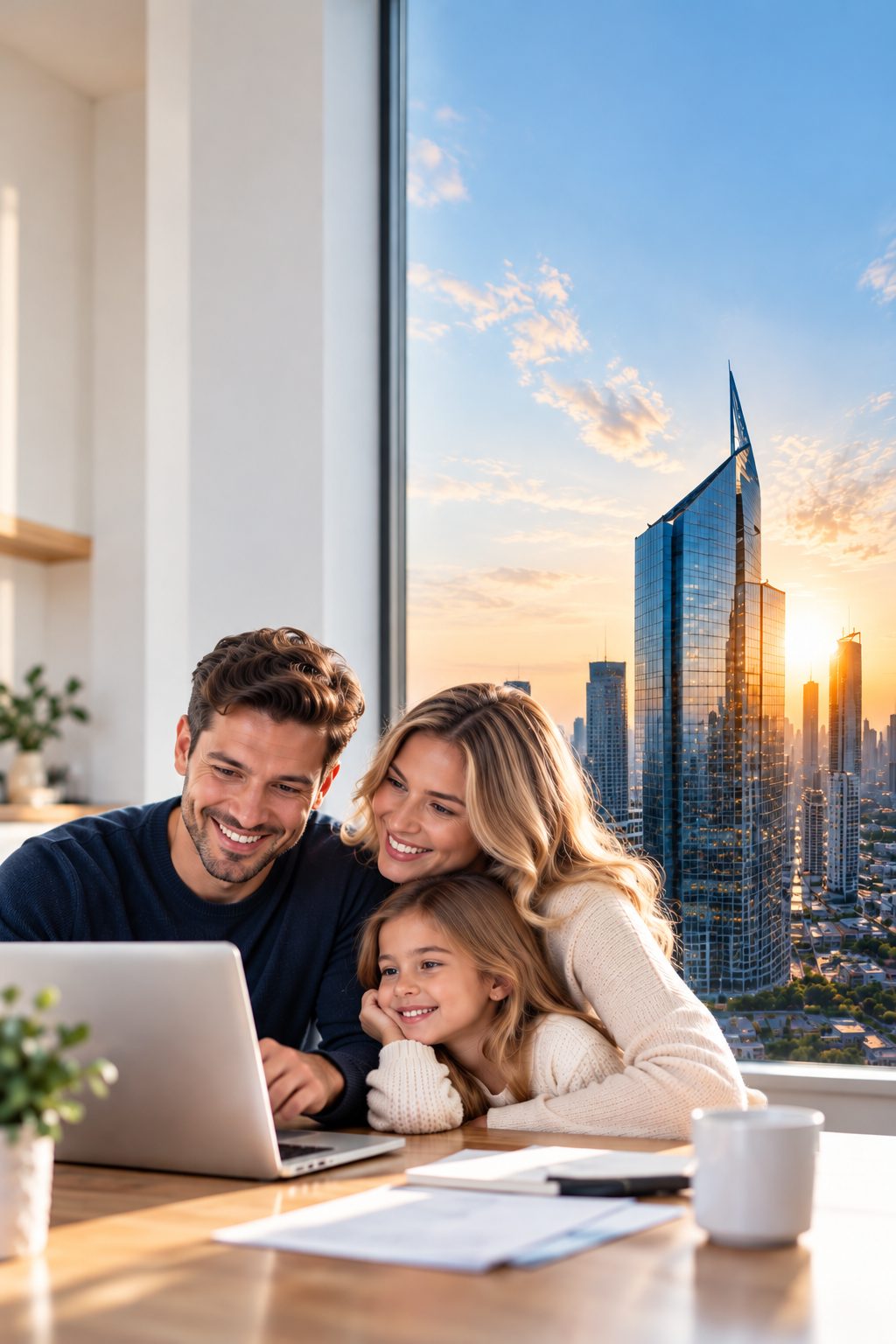 A smiling family looking at a laptop together at their kitchen table